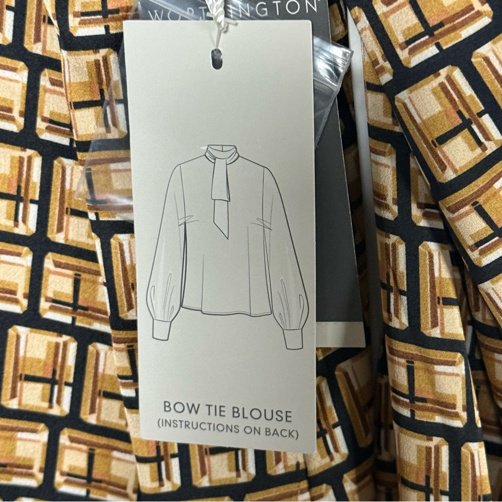Worthington diamond geometric print bow tie mock neck balloon sleeve top NWT - Picture 8 of 11